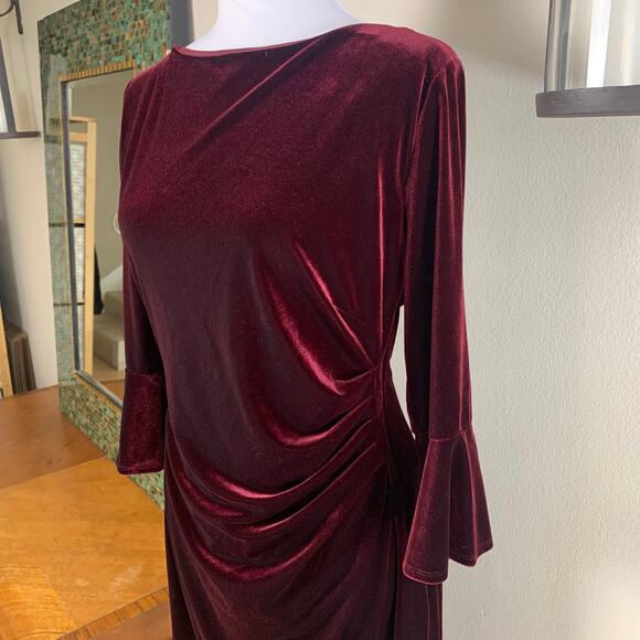 Ralph Lauren XL Velvet Ruched Stretch Dress Wine Red Bell Sleeve Formal Holiday - Picture 5 of 10